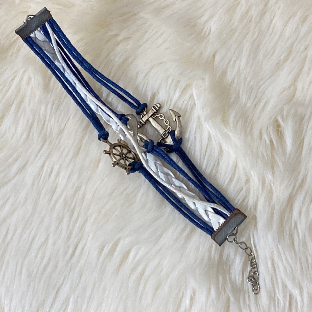 Vintage Silver Ship Rudder Anchor Infinity Bracelet Multilayer Braided Blue Whit - Picture 11 of 16